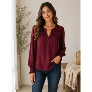 Democracy Burgundy Ruffle Trim  Blouse Boho Cottage Long Sleeve Women’s M